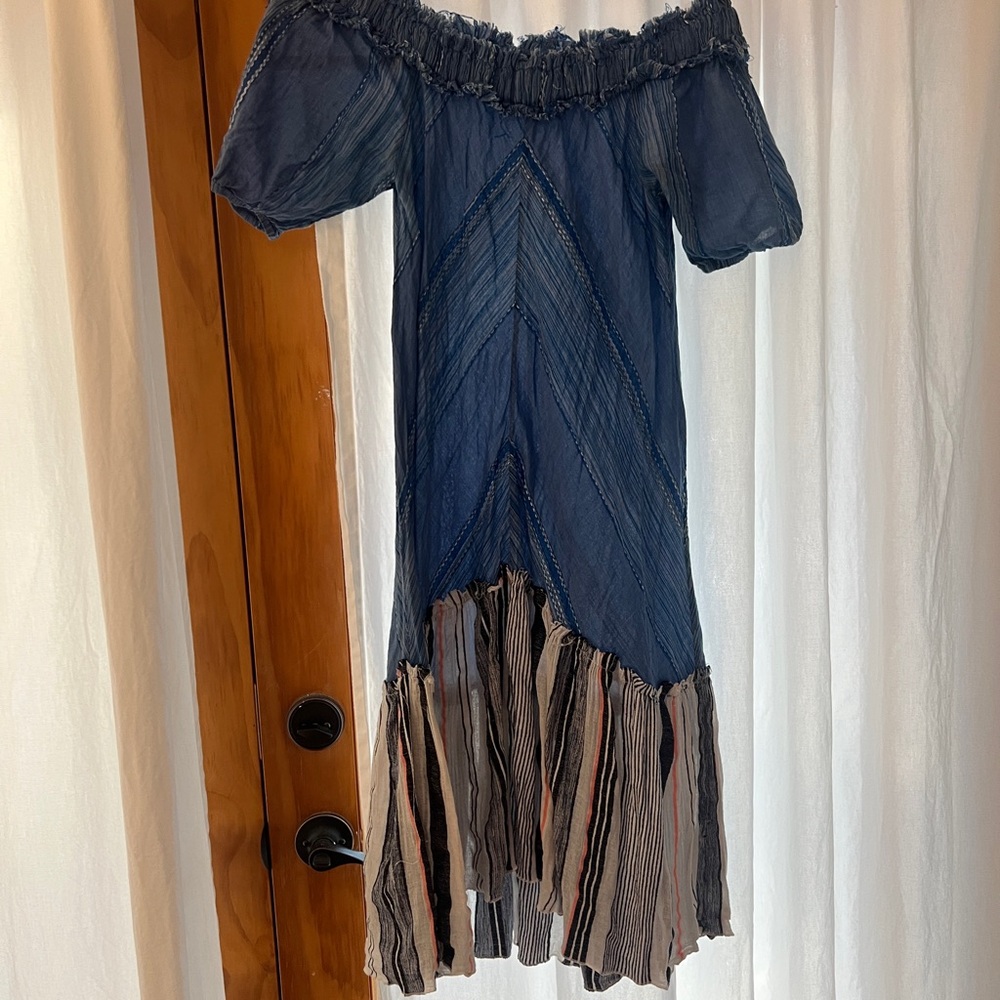 Lemlem Blue and White Off-Shoulder Swim Coverup